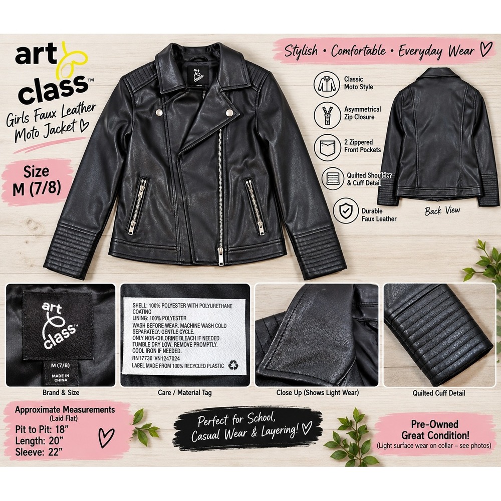 Art Class Girls Black Faux Leather Moto Jacket Size M 7/8 Quilted Biker Coat